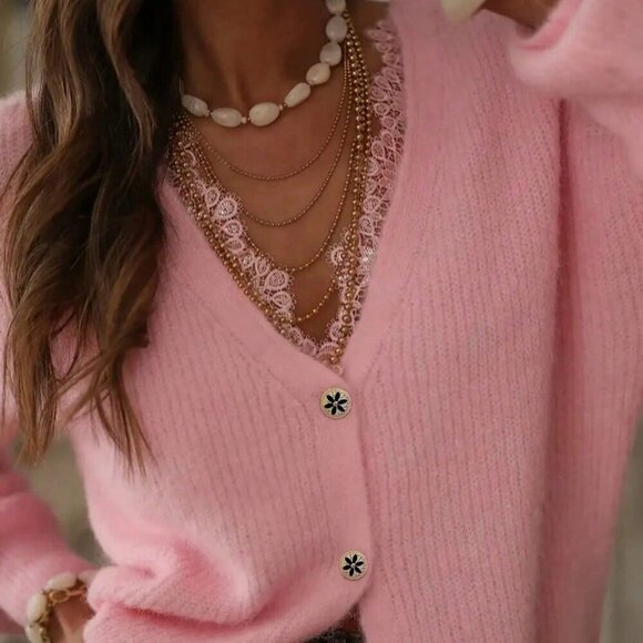 Sweaters - Pink Casual Women's V Neck Lace Trim & Rhinestones Cardigan